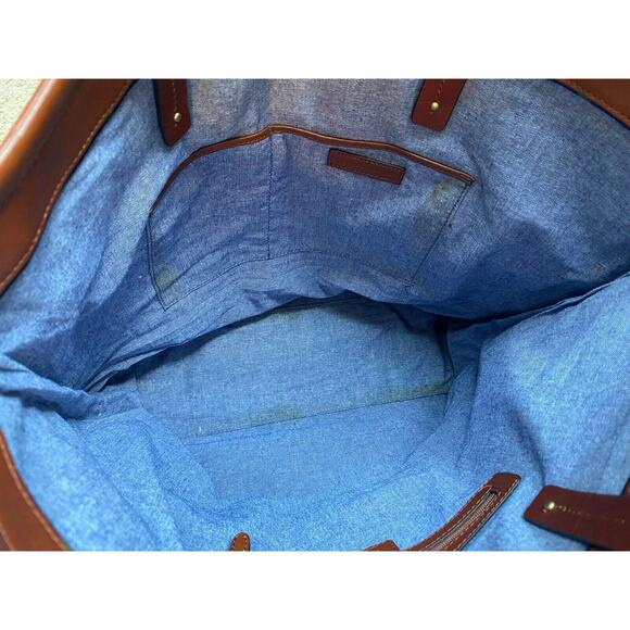 Brooks Brothers 2pc Tote & Wristlet Tan Leather Plaid Tartan Double Shoulder Bag - Picture 10 of 15